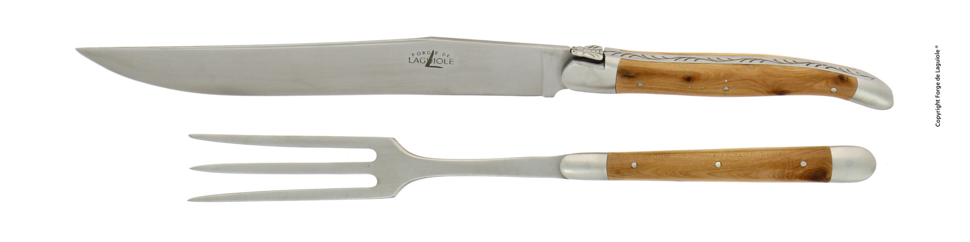 Tranchierbesteck-Set von Forge de Laguiole mit Messer und Fleischgabel, beide mit Holzgriff und Edelstahlklingen