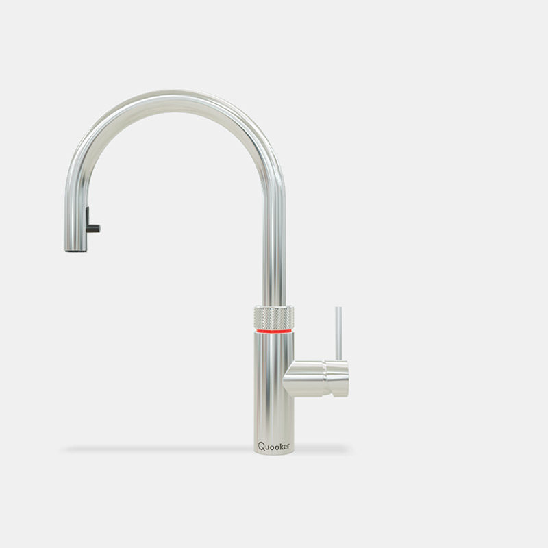 Moderner Quooker Wasserhahn aus Edelstahl mit gebogenem Auslauf und Kochendwasserfunktion