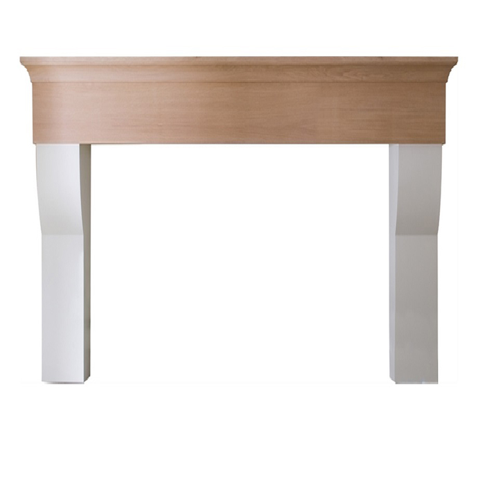 Kaminumrandung aus Holz, modernes Design mit naturfarbener Oberfläche und weißen Standbeinen, geeignet zur Dekoration von Kaminen