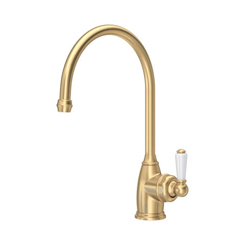 Goldene Küchenarmatur aus Messing mit hohem gebogenen Auslauf und weißem Einhebel-Griff, klassisches Retro-Design für Spülbecken