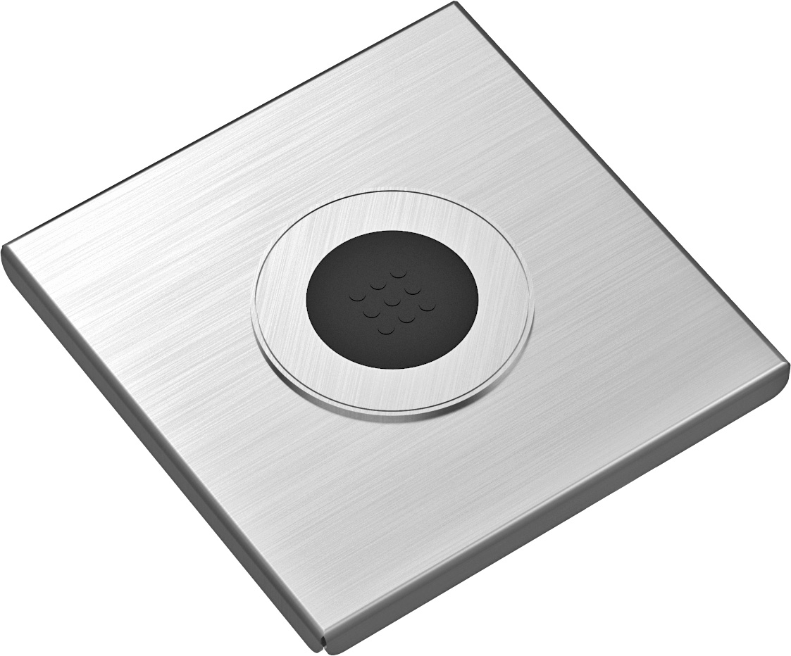 Quadratischer Bodenablauf aus gebürstetem Edelstahl mit rundem schwarzen Abflussdeckel, geeignet für Dusche oder Badezimmer