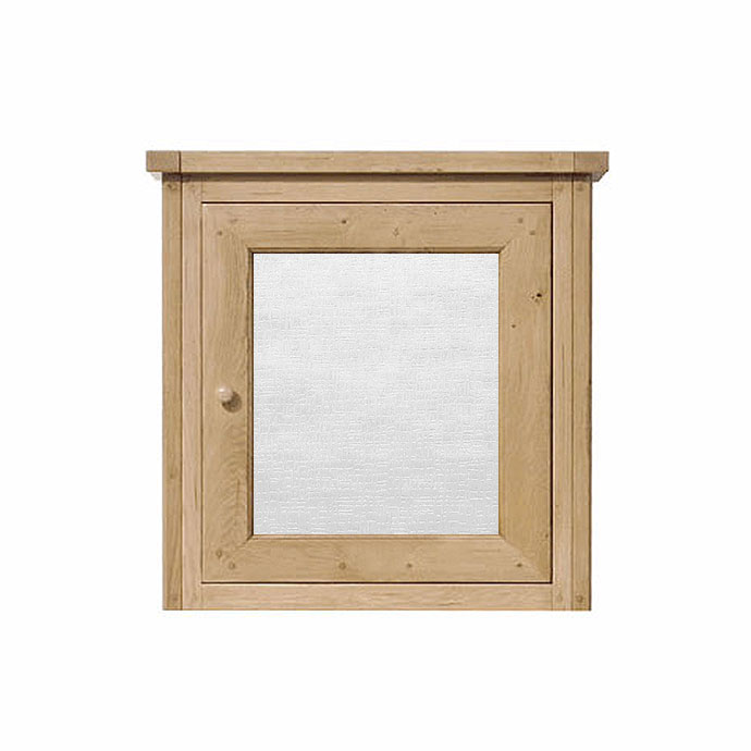 Quadratischer Hängeschrank aus naturfarbenem Massivholz mit Glastür und Holzknebel