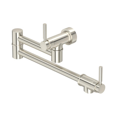 Klappbare Wandarmatur mit Doppelgelenk-Auslauf in gebürstetem Nickel; Pot Filler für die Küche, platzsparend, präziser Wasserfluss, zwei Griffe – ideal zum schnellen Befüllen großer Töpfe am Herd