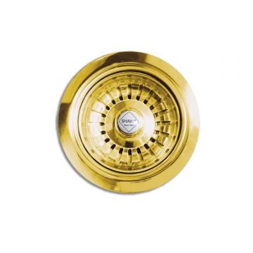 Runder, goldfarbener Ablaufdeckel mit glänzender Oberfläche und dekorativem Lochmuster, geeignet für Spüle oder Waschbecken
