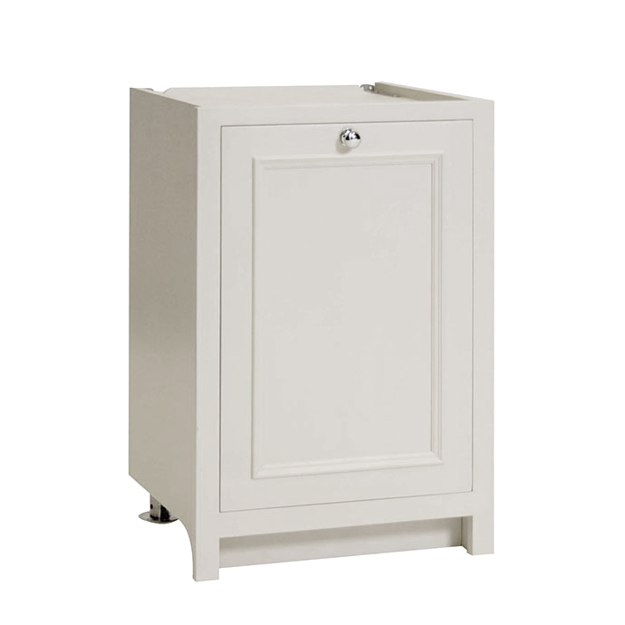 Schlichter weißer Badunterschrank mit einzelner Tür und Metallgriff, ideal für das Badezimmer als Stauraumlösung