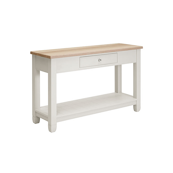 Helle Konsole im Landhausstil mit naturfarbener Holzplatte, mittiger Schublade und unterer Ablagefläche. Ideal für Flur, Wohnzimmer oder Esszimmer.