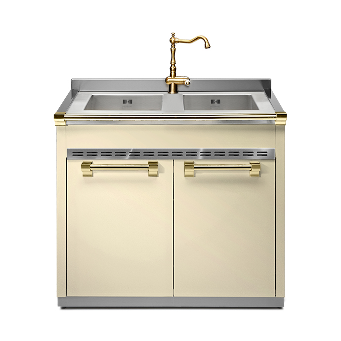 Doppelspüle für die Küche in Creme mit goldfarbenen Akzenten und zwei Türen, inklusive hochwertiger Wasserhahn-Armatur