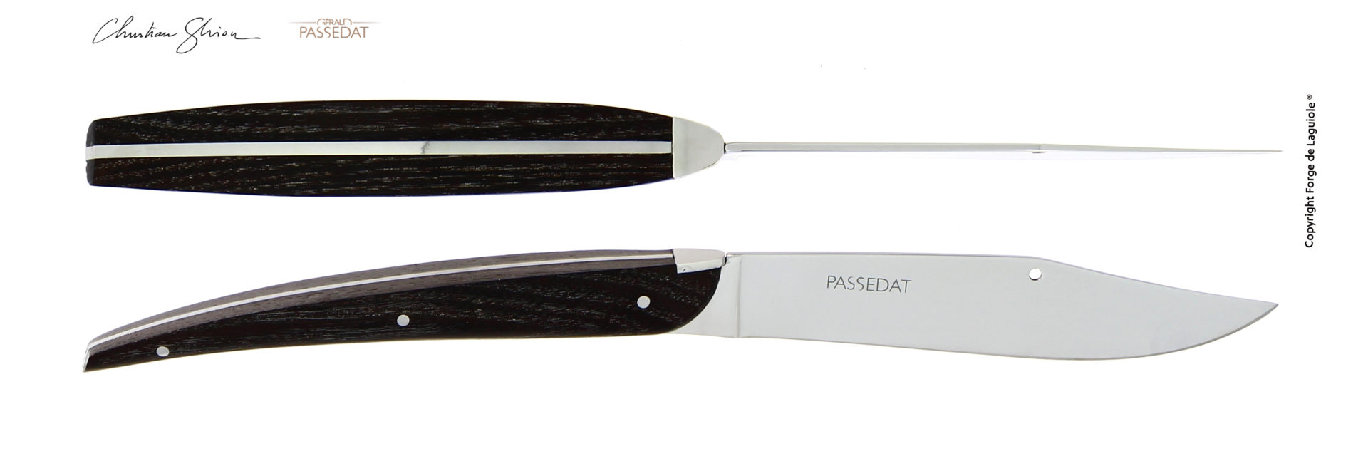 Exklusives Laguiole Messer der Gérald Passedat Edition von FORGE DE LAGUIOLE, mit dunklem Holzgriff und glänzender Edelstahlklinge, seitlich und von oben abgebildet