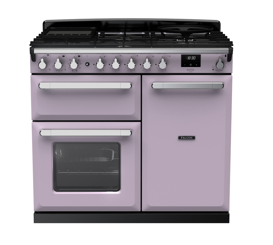 Lila Falcon Standherd mit Gas-Kochfeld, zwei Backöfen und edlem Design für die moderne Küche