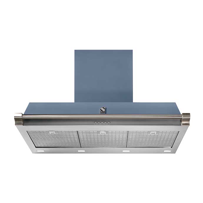 Moderne Edelstahl-Dunstabzugshaube mit blauem Gehäuse, drei Metallfiltern und integrierten LED-Leuchten, Ansicht von unten
