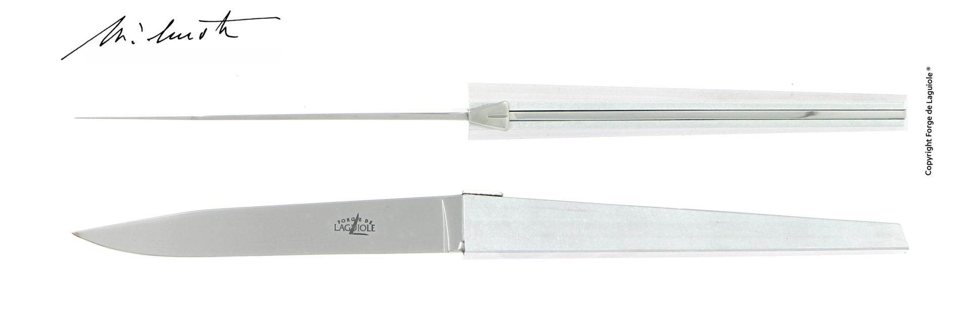 Abgebildet ist ein exklusives Taschenmesser aus Edelstahl von Forge de Laguiole mit modernem Design, sowohl in geschlossener als auch in geöffneter Ansicht.