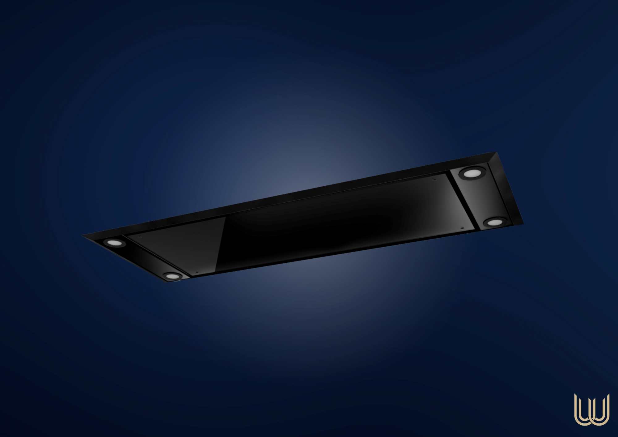 Schwarze, flache Deckenhaube mit integrierten LED-Spots vor blauem Hintergrund, ideal für moderne Küchen