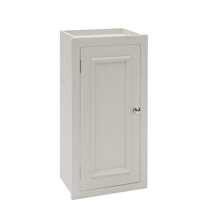 Schlichter weißer Wandschrank mit Tür und rundem Metallgriff, ideal als Medizinschrank für das Badezimmer