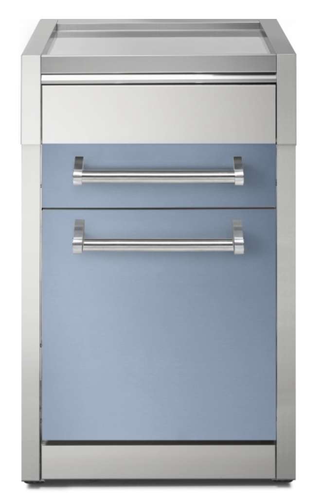 Moderner Edelstahl-Küchenschrank mit blauer Front, zwei großen Griffen und einer Schublade, geeignet für Küchen oder Outdoor-Bereiche