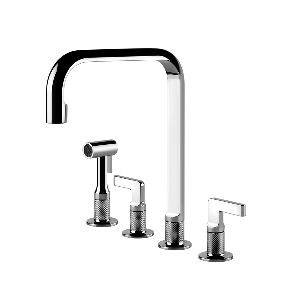 Moderne 4-Loch Küchenarmatur mit Handbrause, Chrom