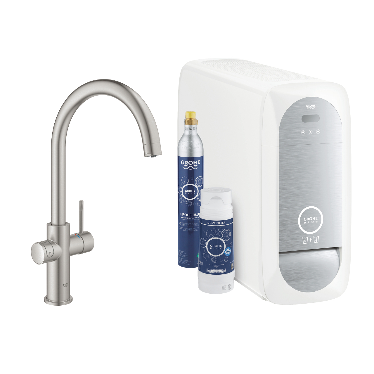 Komplettset GROHE Blue Wassersystem bestehend aus moderner Küchenarmatur in Edelstahl-Optik, Filterkartusche, CO2-Flasche und Kühlgerät