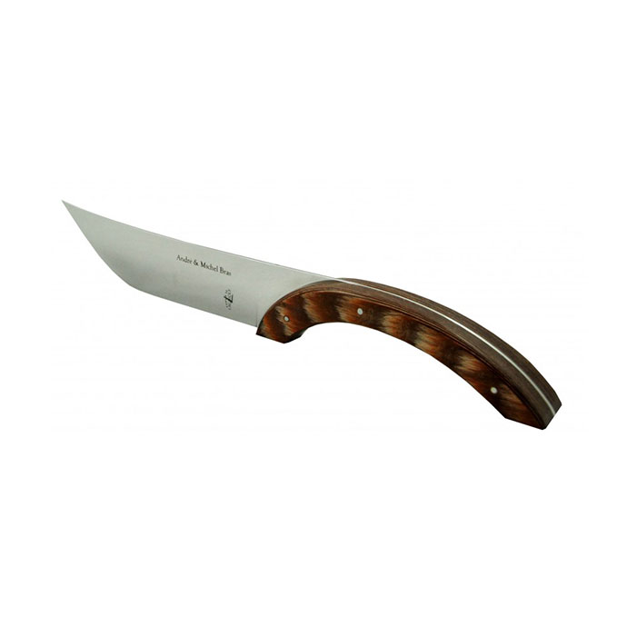 Elegantes Küchenmesser mit gebogenem Holzgriff und scharfer Edelstahlklinge, ideal für präzises Schneiden in der Küche