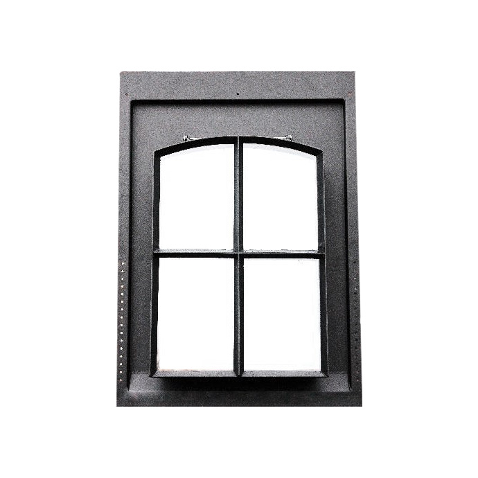 Schwarzes Fenster aus Metall mit vier geteilten Scheiben und dezentem Rundbogen, ideal für modernes oder industrielles Ambiente