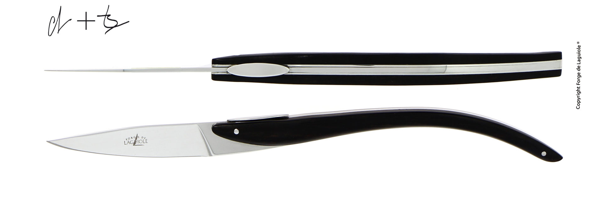 Edles Laguiole Taschenmesser mit geschwungenem Ebenholzgriff und polierter Klinge, von Forge de Laguiole