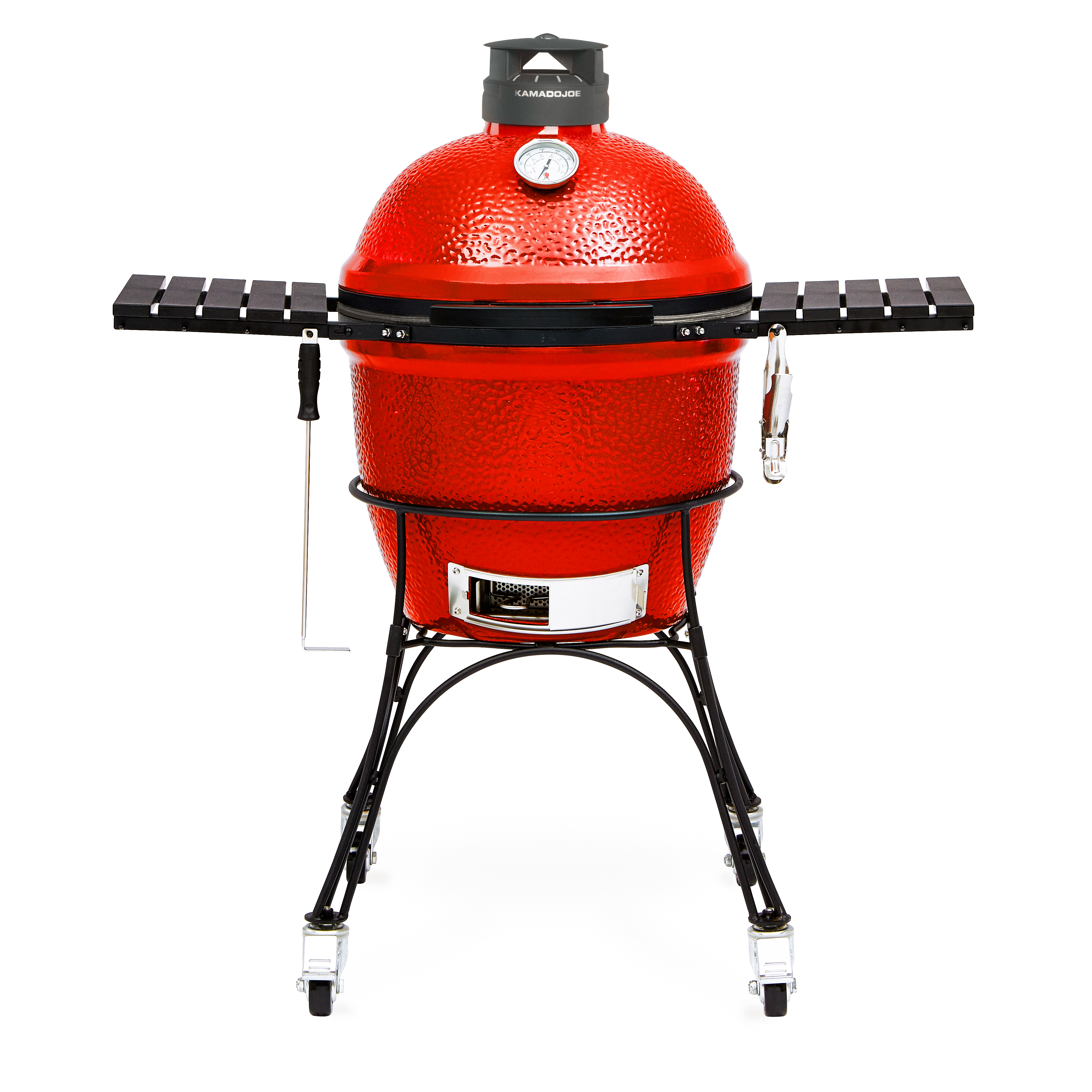 Kamado Joe Classic II Keramikgrill in Rot mit zwei klappbaren Seitentischen, Thermometer und Rollgestell