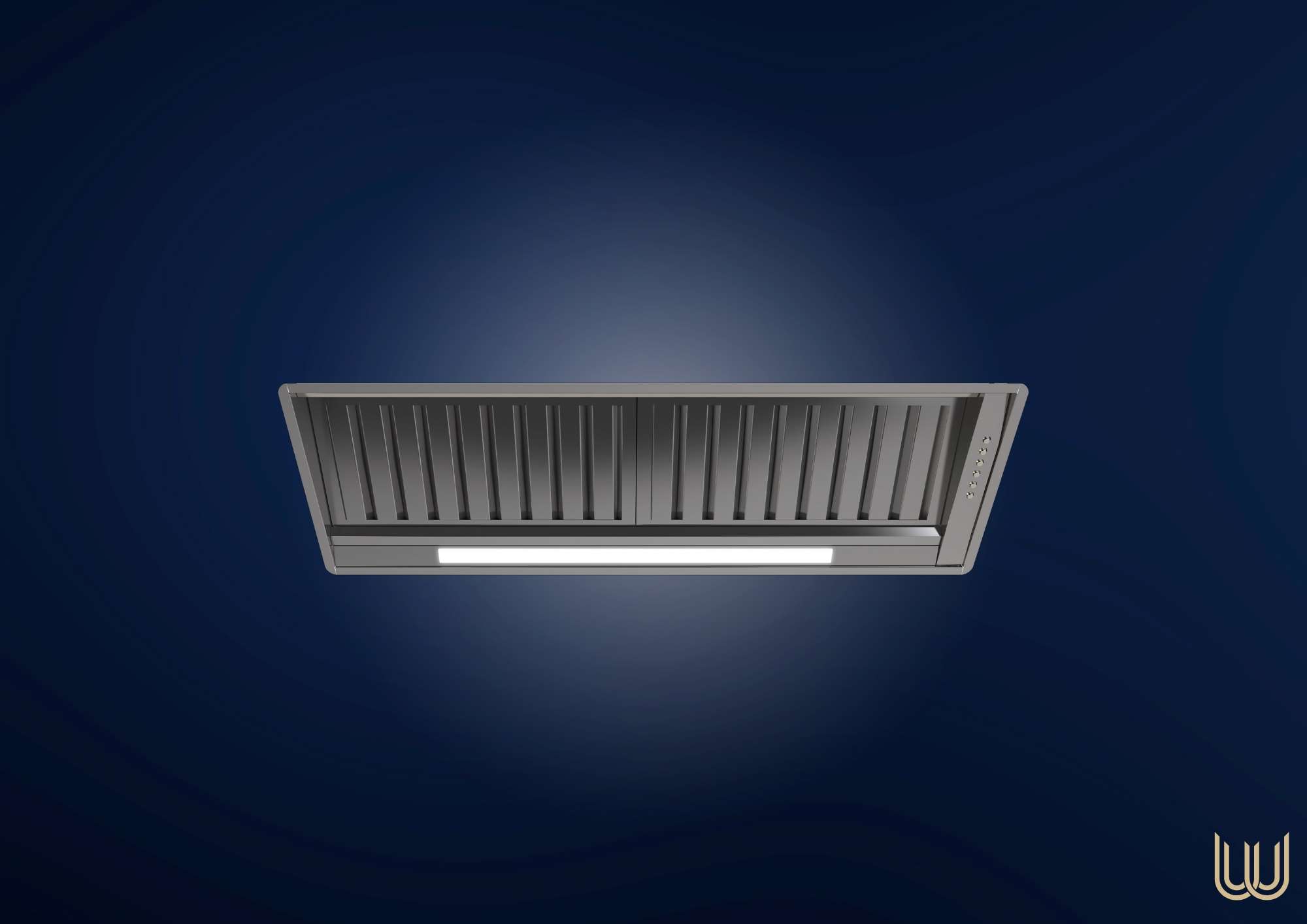 Abbildung einer eingebauten Edelstahl-Dunstabzugshaube mit LED-Licht vor blauem Hintergrund