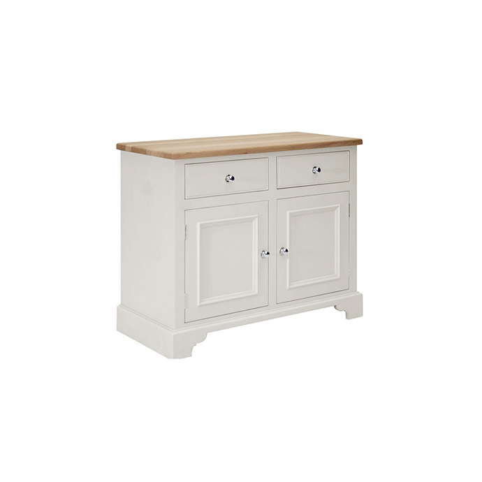 Weißes Landhaus-Sideboard mit zwei Schubladen und zwei Türen sowie einer Holzplatte