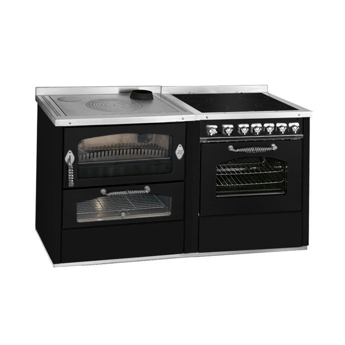 Schwarzer Kombi-Herd mit Holzofen, Elektrokochfeld und zwei Backöfen, ideal für vielseitiges Kochen
