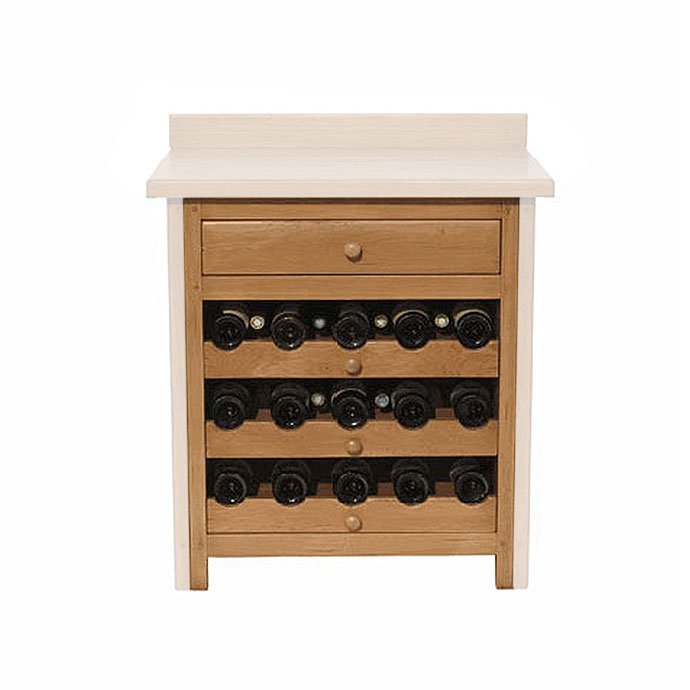 Weinregal aus Holz mit drei Ablagen für Weinflaschen und einer Schublade, geeignet für moderne Wohnzimmer oder Küchen