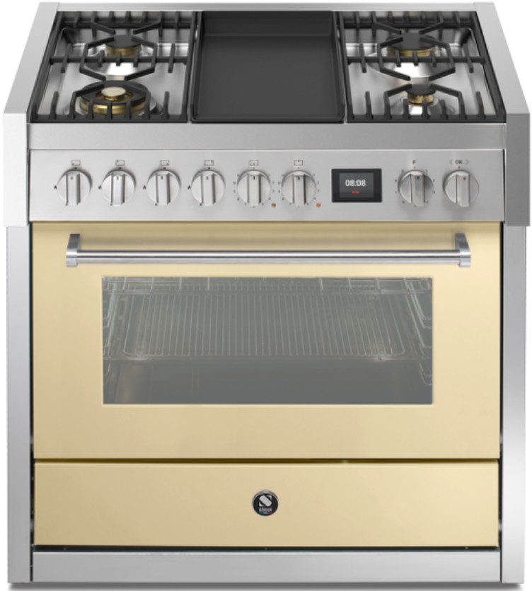 Freistehender Gasherd 90 cm, 4 Brenner, Griddle, Creme
