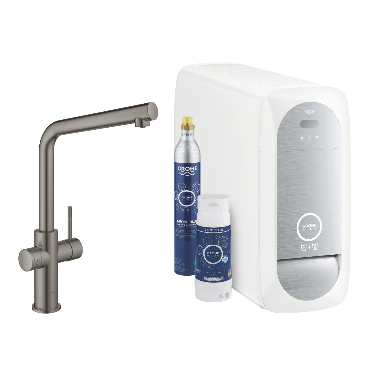 GROHE Blue Wassersystem mit moderner Küchenarmatur, CO2-Zylinder und Wasserfilter, ideal für gefiltertes und sprudelndes Trinkwasser