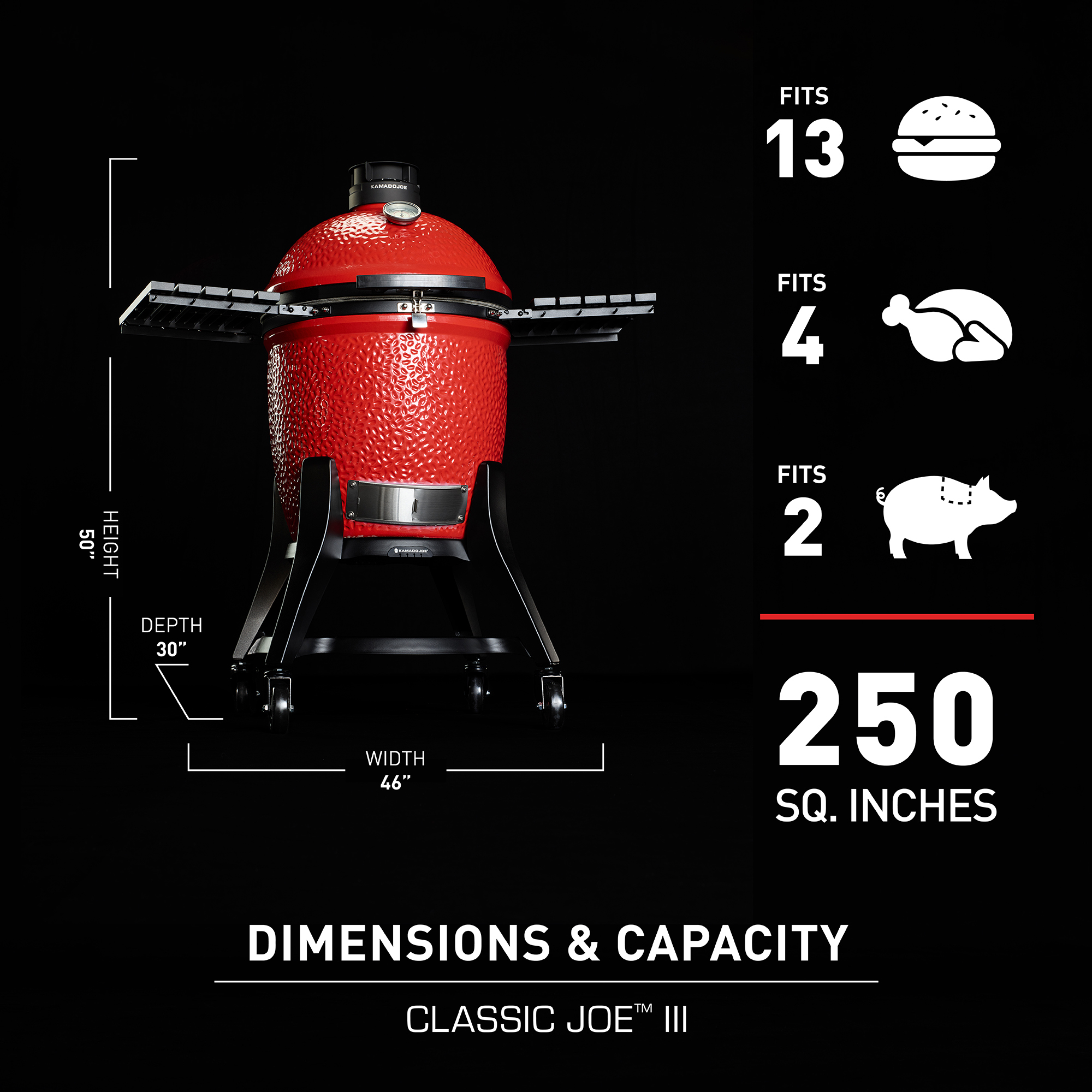 Kamado Joe Classic Joe III Grill aus Keramik in Rot, mit Seitenablagen, 50 Zoll Höhe, 46 Zoll Breite, 30 Zoll Tiefe, passend für 13 Burger, 4 Hähnchen oder 2 Schweinerippen, 250 Quadratzoll Grillfläche.