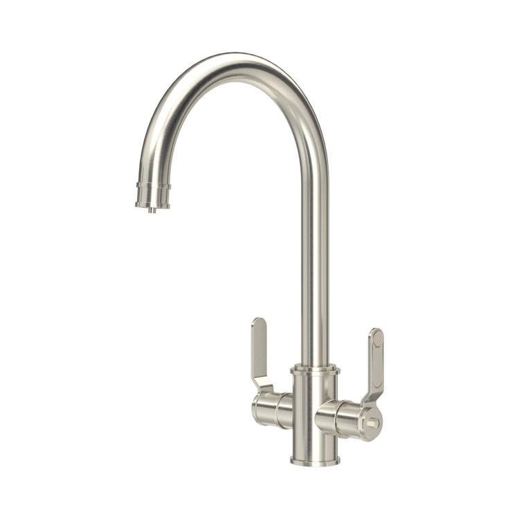 Zweigriff-Küchenarmatur mit hohem Auslauf aus gebürstetem Edelstahl/Nickel, Mischbatterie für Spüle, drehbarer U-Auslauf, moderner Industrie-Look