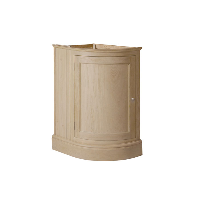 Eckunterschrank aus hellem Holz mit einer Tür, ideal für kleine Räume oder als Stauraum in Küche und Bad