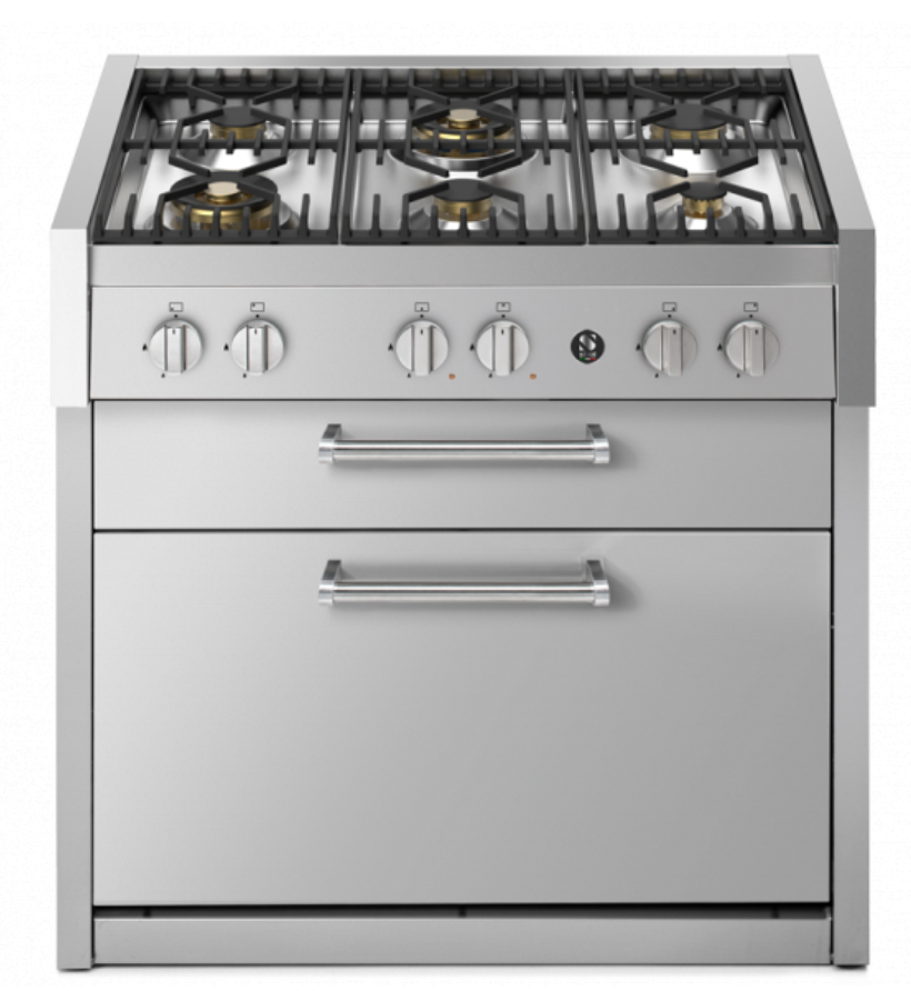 Moderner Edelstahl Gasherd mit fünf Brennern und einem geräumigen Backofen, ideal für professionelle Küchenanwendungen