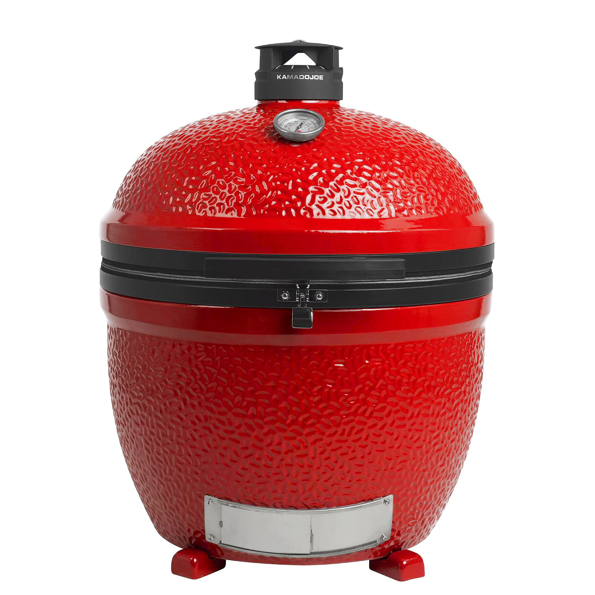 Roter KAMADO JOE Classic II Keramikgrill mit Thermometer und Lüftungsregler, ideal für Grillen im Freien