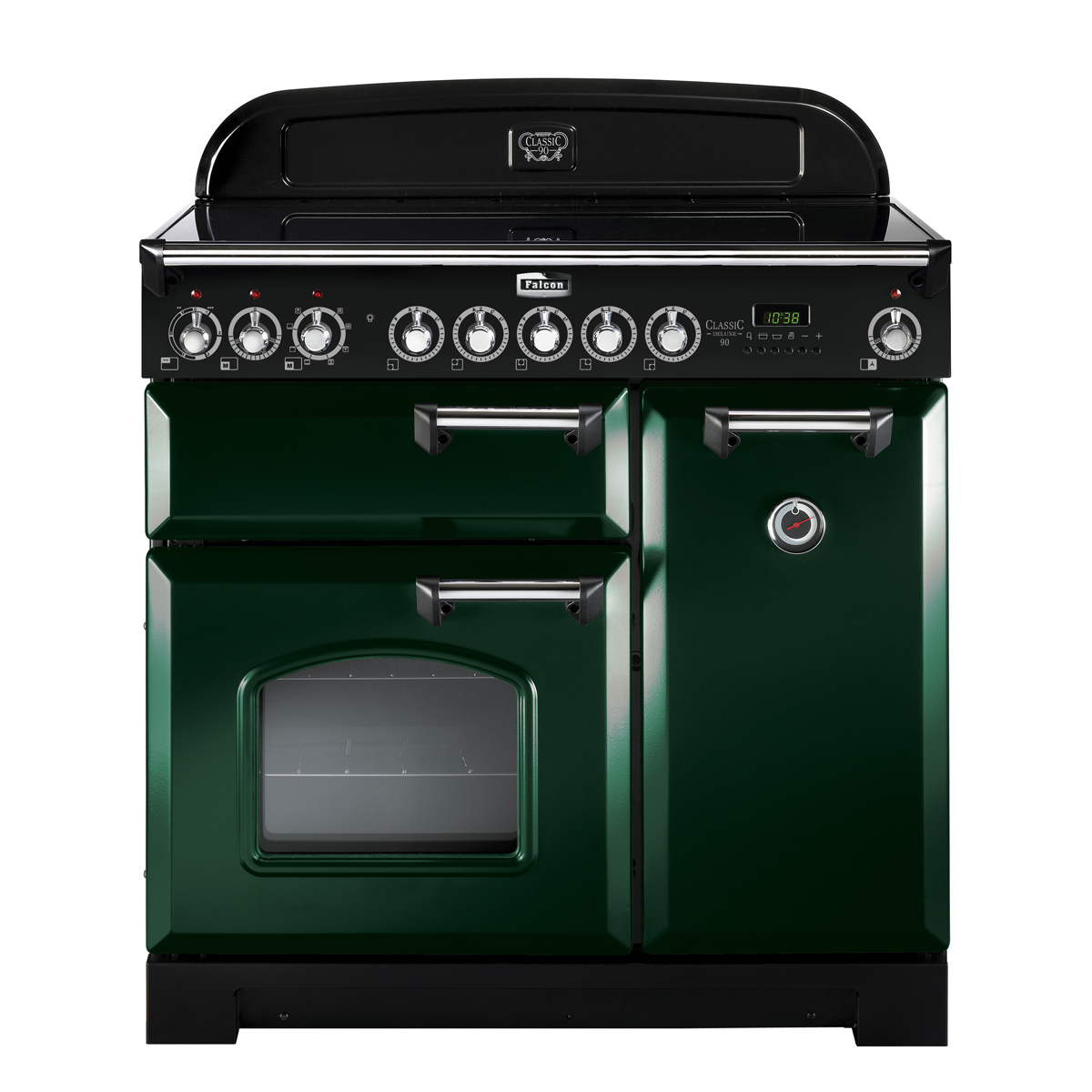 Grüner Falcon Classic Deluxe 90 Range Cooker mit mehreren Ofenfächern, Herdplatte und Bedienelementen vorne