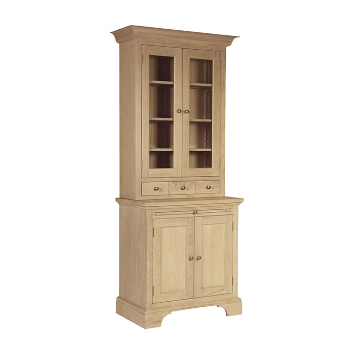 Vitrine aus hellem Massivholz mit zwei Glastüren, zwei Schubladen und Unterschrank mit Holztüren