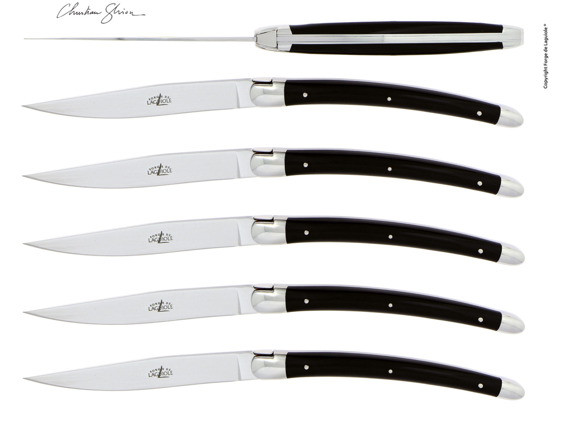 Sechs Laguiole Steakmesser mit schwarzen Griffen und Edelstahlklingen, angeordnet in einer Reihe, für stilvolles Servieren