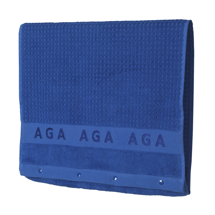 Gefaltetes, blaues Geschirrtuch mit AGA Schriftzug und Knopfleiste, geeignet für Küchenanwendung