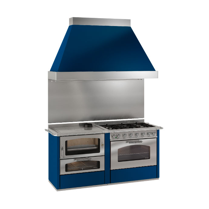 Professioneller Herdblock in Blau mit Backofen, Gasherd, Grill und großer Edelstahl-Dunstabzugshaube