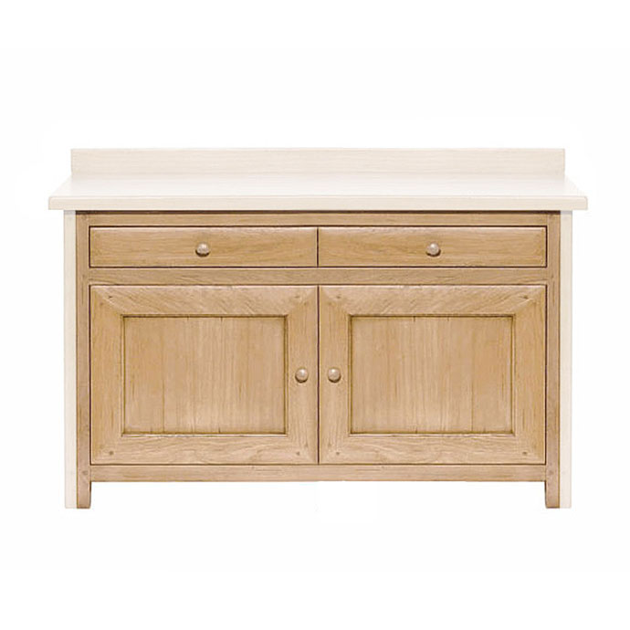 Holz-Sideboard mit zwei Schubladen oben und zwei Türen unten, naturfarbene Oberfläche, geeignet als Stauraum im Wohnbereich