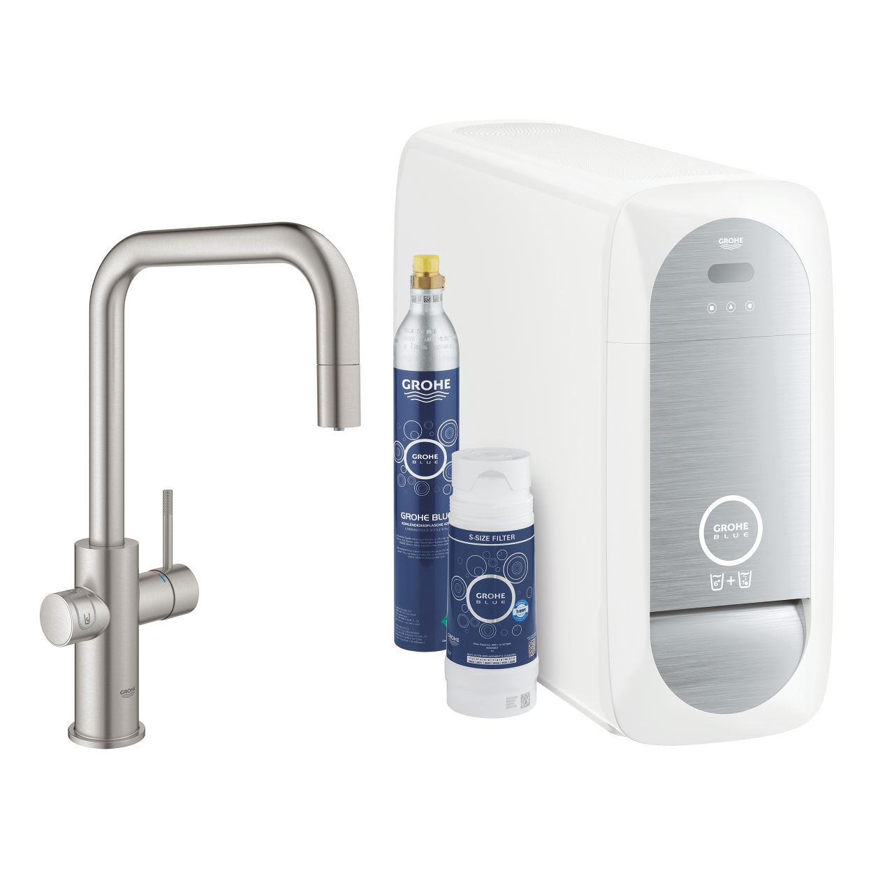 GROHE Blue Starter-Set mit moderner Edelstahl-Küchenarmatur, CO2-Zylinder, Wasserfilter und weißem Kühlgerät für gefiltertes und gekühltes Trinkwasser