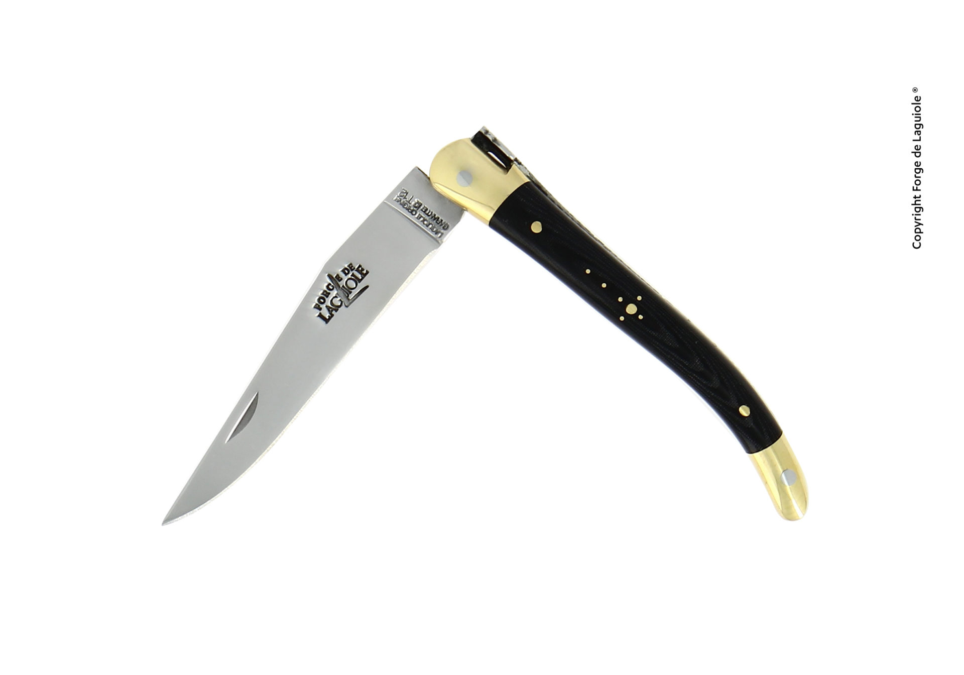 Klassisches Laguiole Taschenmesser mit schwarzem Griff, Messingverzierungen und geöffneter Edelstahlklinge, traditionelles französisches Design