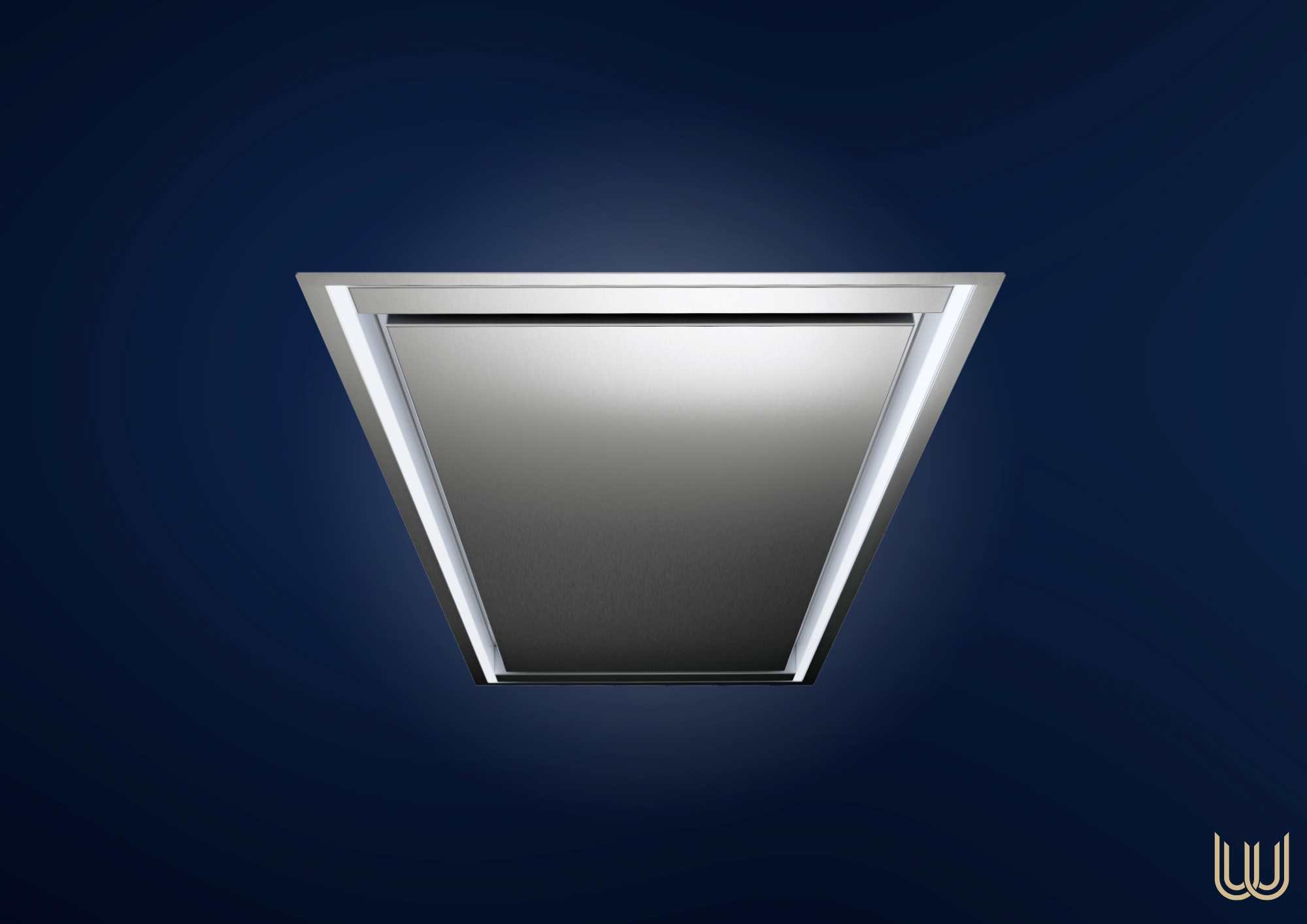 Design-Deckenhaube aus Edelstahl mit seitlicher LED-Beleuchtung, ideal für moderne Küchen